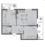 Двухкомнатная 54,9 м²